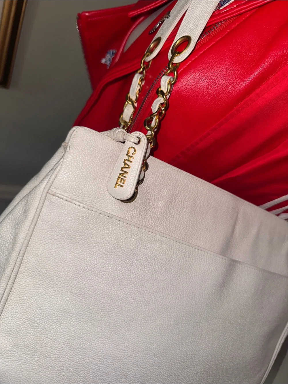CHANEL XL Vintage Triple CC White Leather Shoulder Tote Bag Purse Gold Chain